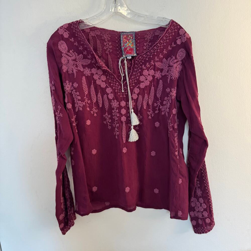Johnny Was Santorini Tonal Blouse Embroidered Tunic Fuschia Top S Flawed